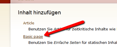 "Basic page" auswählen